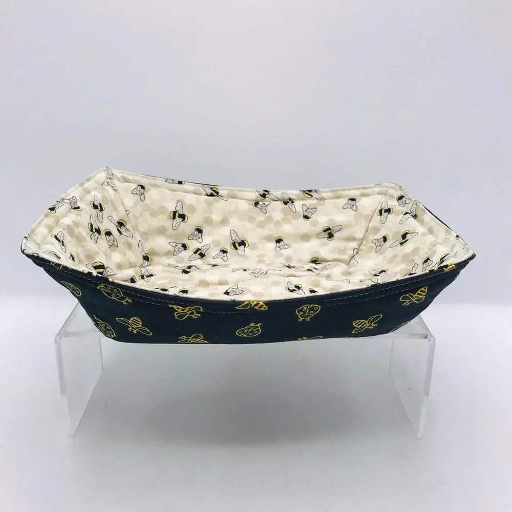 Reversible Microwave Cozie For Takeout Containers Farmhouse Yellow Bees on Black